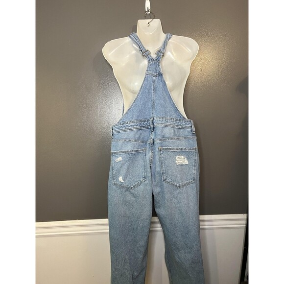 &Denim Overalls Womens 4 Light Wash Blue Denim Bib Adjustable Straps Distressed - Picture 6 of 11